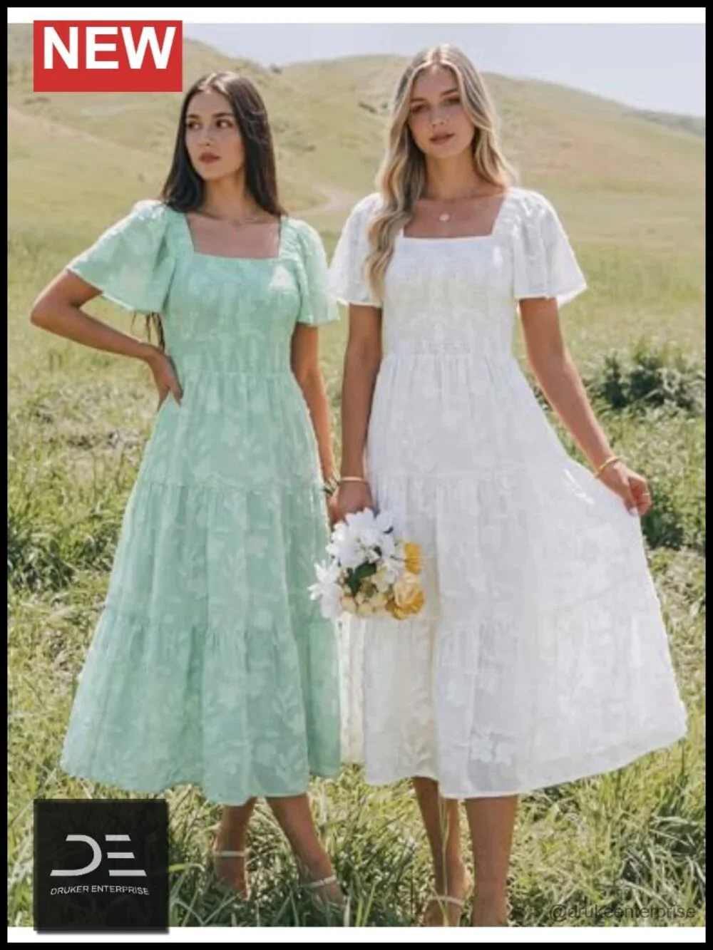 Boho Floral Midi Dress with Square Neck, Short Sleeve, Flowy Silhouette
